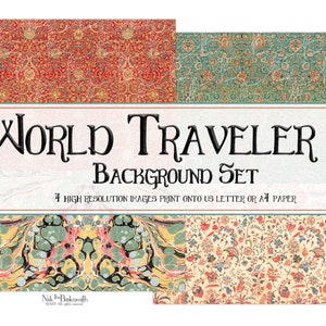 Fundos do World Traveller - Conjunto de 4 páginas para impressão - Papéis finais, colagem, papel de parede de casa de bonecas, cartões, mídia mista, capas de livros, papel de embrulho