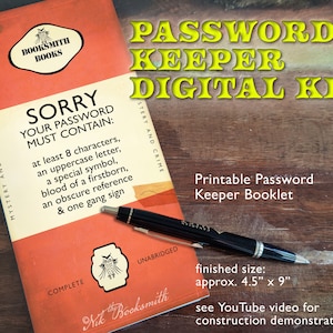 Puede incluir: Un folleto de contraseña imprimible con una portada roja y el texto "Lo siento, tu contraseña debe contener: al menos 8 caracteres, una letra mayúscula, un símbolo especial, sangre de un primogénito, una referencia oscura y una señal de pandilla". El folleto mide 11,4 cm por 22,9 cm.
