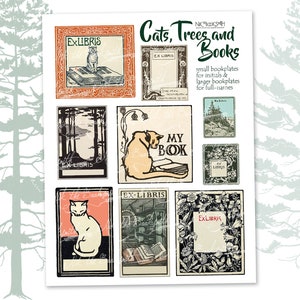 May include: A set of printable bookplates featuring cats, trees, and books. The bookplates are in a vintage style with a variety of designs. The text on the bookplates reads "Ex Libris" and "My Book".