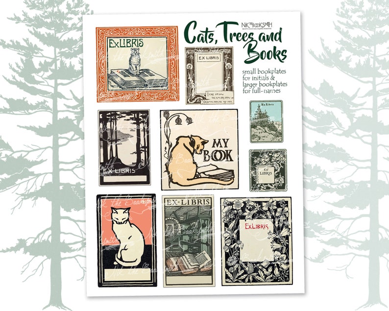 May include: A set of printable bookplates featuring cats, trees, and books. The bookplates are in a vintage style with a variety of designs. The text on the bookplates reads "Ex Libris" and "My Book".