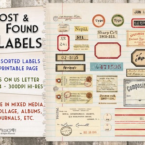 Lost and Fund Labels - Set aus 29 sortierten Vintage-Etiketten (1 digitale Seite) druckt auf US Letter und A4