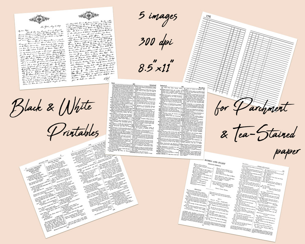 Black & White Journal Page Kit Add-on Pages to Print on Tea | Etsy