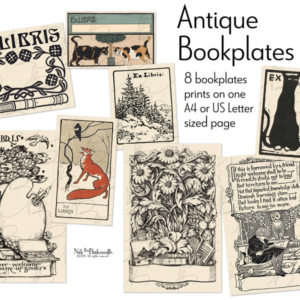 Antique Book Plates - Digital Ephemera - Ex Libris for Bookmakers (8 bookplate images on 1 digital page)