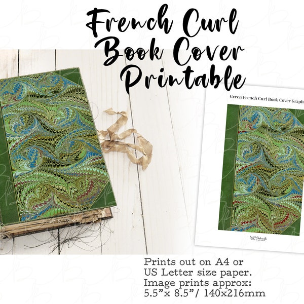 French Curl Marbled Book Cover - Digital Book Cover Printable - Jade Green