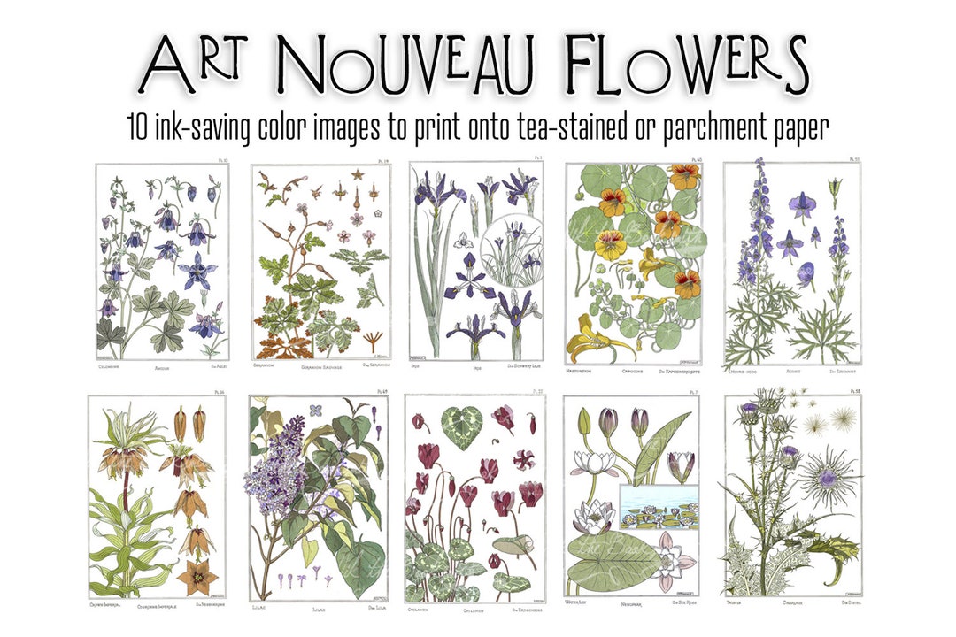 Art Nouveau Flowers Ink Saving Images to Print on Tea Stained or