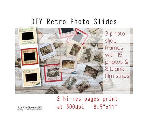 Retro Photo Slides Kit - two sets of 3 Photo Slide Frame Styles w/ Vintage Photos to insert! - Retro Photography - Projector Slides