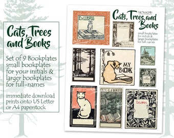 Cats, Trees and Books Book Plates - Digital Ephemera - Ex Libris for Bookmakers (9 bookplate images on 1 digital page)