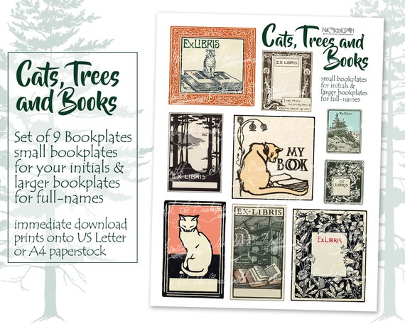 Cats Trees And Books Book Plates Digital Ephemera Ex Etsy