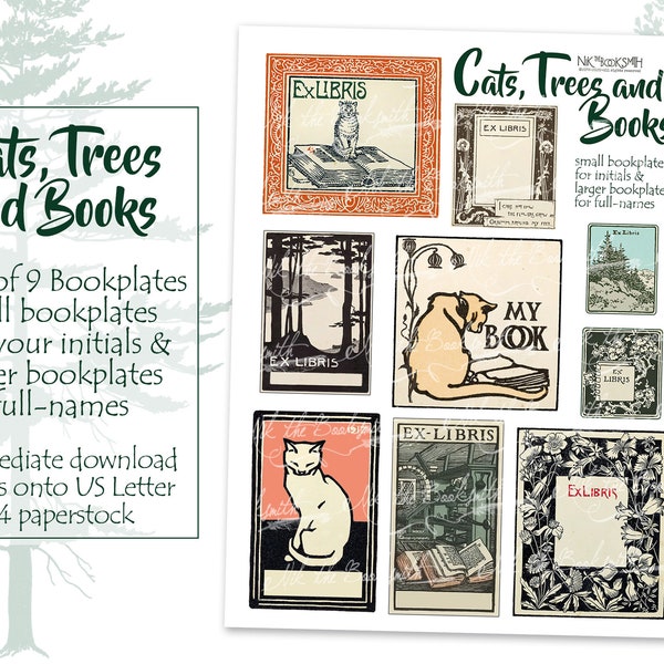Cats, Trees and Books Book Plates - Digital Ephemera - Ex Libris for Bookmakers (9 bookplate images on 1 digital page)