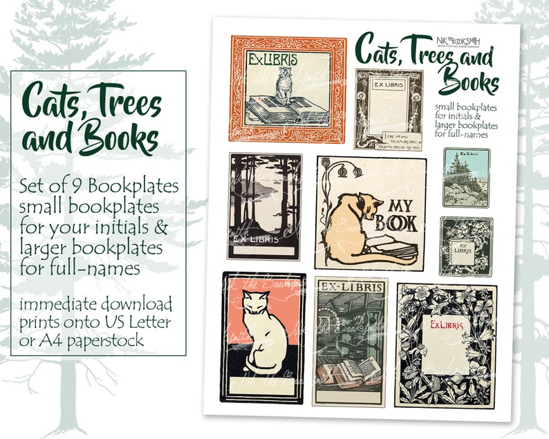 May include: Set of nine printable bookplates featuring cats, trees, and books. The bookplates are in various styles, including a cat sitting on a book, a cat sitting in a tree, and a cat sitting in a window. The bookplates are perfect for adding a personal touch to your books.