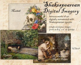 Shakespearean Digital Imagery - Pages for Endpapers, Collage, Mixed Media, Journal Pages, Framed Art