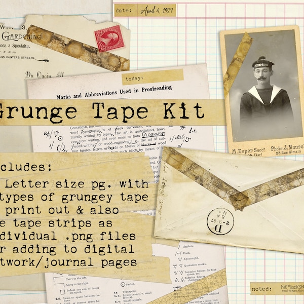 Grunge Tape - Decorative Tape Digital Printable JPG Page - PNG Kit - BONUS: 3 modèles de page vierge pour construire un collage numérique facile