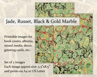 Jade Russet Black Gold Marbled Papers - Set of 2 Digital Designs - Book Covers, Endpapers, Mixed Media, Gift Wrap, Collage, Greeting Cards