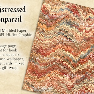 May include: Distressed Nonpareil digital marbled paper, a high-resolution graphic with a swirling pattern of red, orange, blue, and white. This image is 300 DPI and can be used for book covers, endpapers, dollhouse wallpaper, collage, cards, mixed media, and gift wrap.