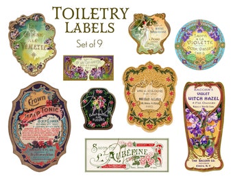 Toiletry Labels - set of 9 assorted vintage printable labels (1 digital page) prints on US Letter and A4