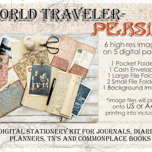 Pode incluir: Um kit de papelaria digital para diários, agendas, planejadores e livros comuns com um tema persa. O kit inclui 6 imagens de alta resolução em 5 páginas digitais, incluindo uma pasta de bolso, um envelope para dinheiro, uma pasta grande, duas pastas pequenas e uma imagem de fundo. As imagens são impressas em papel US ou A4.