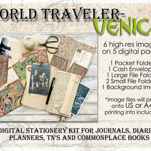 Venice - World Traveler Stationery Kit - 5 digital image pgs in JPEG & PDF - for gift cards, journals, planners, traveler&#39;s notebook inserts