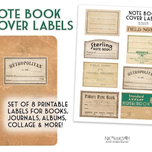 Puede incluir: Conjunto de ocho etiquetas imprimibles para libros, revistas, álbumes y más. Las etiquetas presentan diseños vintage con textos como "Metropolitan", "Sterling Note Book" y "Field Diary and Travel Record".
