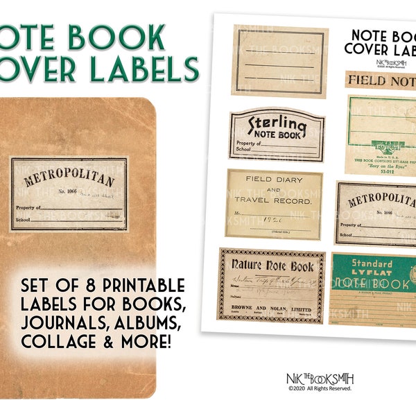 Note Book Cover Labels - Digital Ephemera - for Books, Journals, Albums, Collage and more (8 label images on 1 digital page)