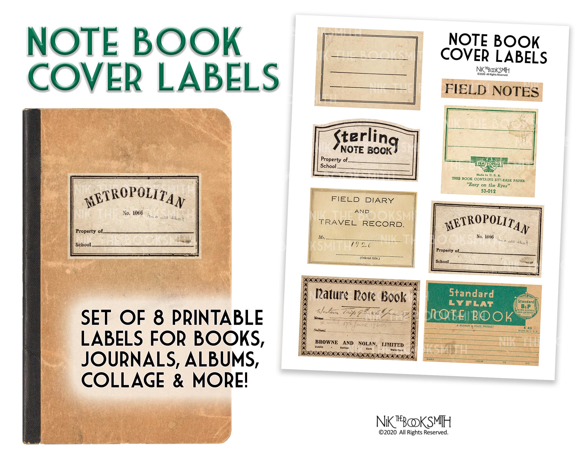 Note Book Cover Labels - Digital Ephemera - for Books, Journals, Albums, Collage and more (8 label images on 1 digital page)