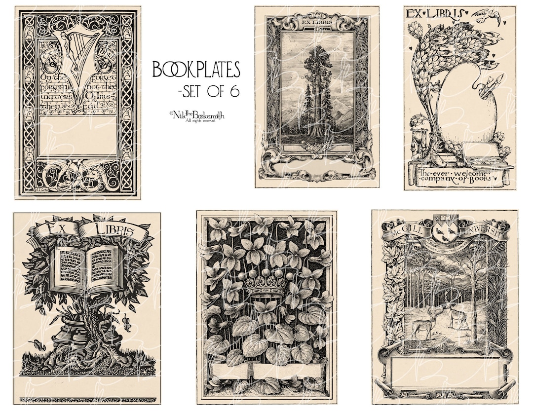 Antique Book Plates Set of 6 Digital Ephemera Ex Libris for Bookmakers