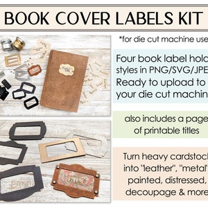 Book Cover Labels Kit for Die Cut Machines - 4 Designs and Printable Titles - PNG SVG JPEG - for Bookmakers. Planners, Albums, File Drawers