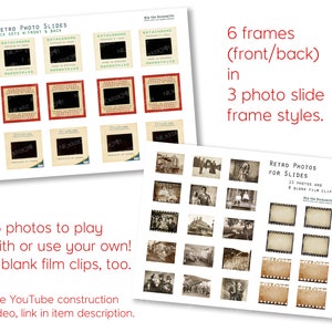 May include: A collection of retro photo slides with text, including "Retro Photo Slides" and "Ektachrome." The image shows 6 frames in 3 styles, 15 photos, and 8 blank film clips. The slides are in various colors, including red, beige, and black.