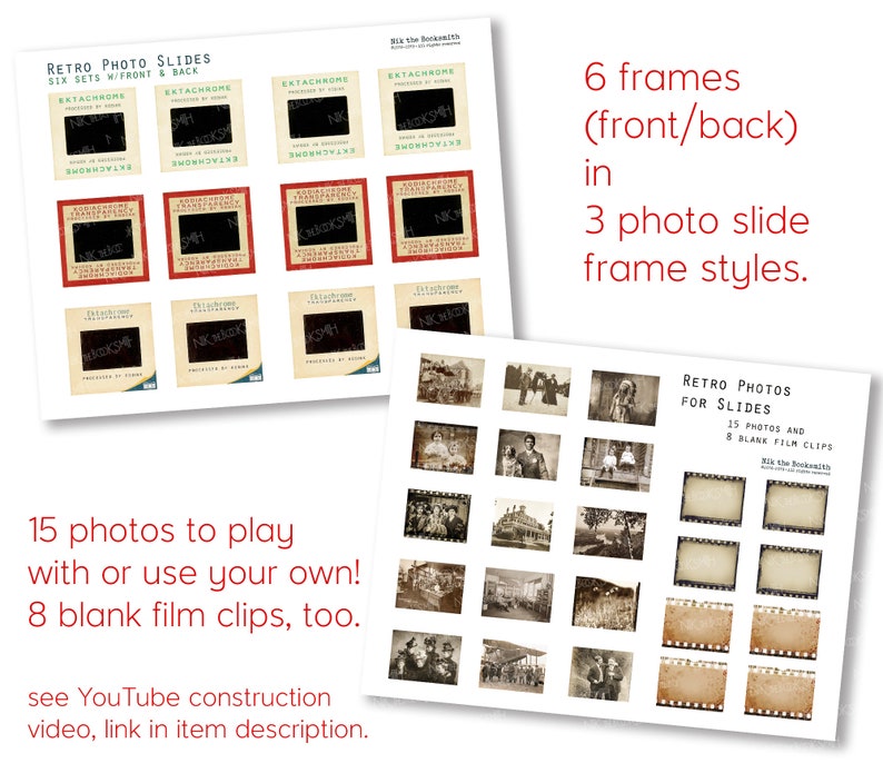 May include: A collection of retro photo slides with text, including "Retro Photo Slides" and "Ektachrome." The image shows 6 frames in 3 styles, 15 photos, and 8 blank film clips. The slides are in various colors, including red, beige, and black.