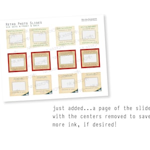 May include: A sheet of paper with printed retro photo slides. The text on the slides reads "Ektachrome" and "Kodachrome Transparency". The text "Retro Photo Slides" is at the top. The bottom text says "just added...a page of the slides with the centers removed to save more ink, if desired!"