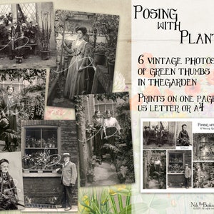 Old Timey Photos - Posing with Plants - 6 antique photographs on 1 digital page - prints on US Letter and A4