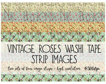 Washi Tape Strip Images - Vintage Roses - Printables for washi tape, journals, mixed media, home decor, craft projects, planners and diaries