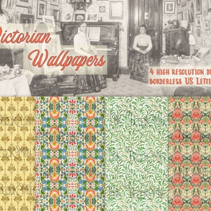 Victorian Wallpapers - Set of 4 Printable Pages for Endpapers, Collage, Cards, Mixed Media, Book Pages, Gift Wrap