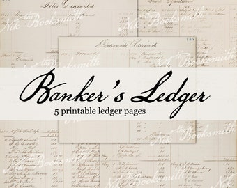 Banker's Ledger - 5 Printable Antique Ledger Pages - Journal Pages - Endpapers - Gift Wrap - Collage