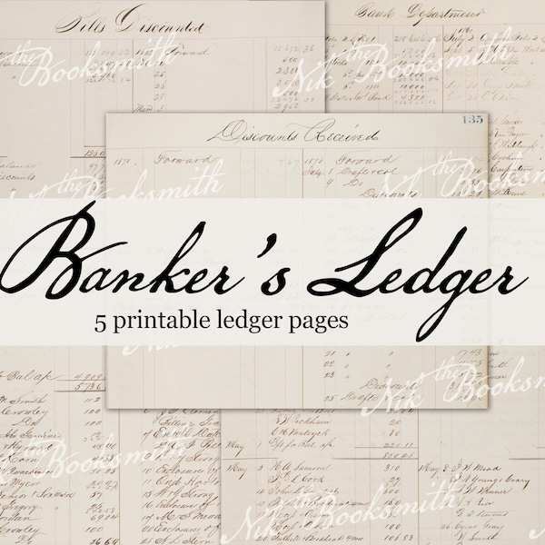 Banker's Ledger - 5 Printable Antique Ledger Pages - Journal Pages - Endpapers - Gift Wrap - Collage