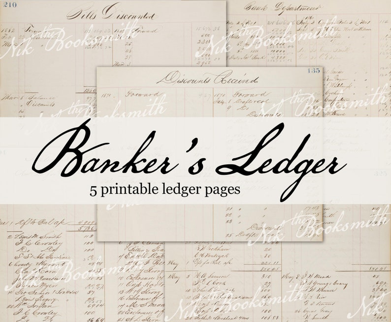 Banker's Ledger 5 Printable Antique Ledger Pages Journal Pages Endpapers Gift Wrap Collage image 1