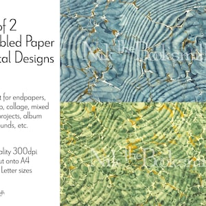 May include: Set of 2 digital marbled paper designs in blue and green with gold accents.  Print out for endpapers, gift wrap, collage, mixed media projects, album backgrounds, etc. High quality 300dpi prints out onto A4 and US Letter sizes.