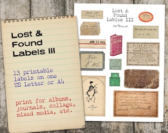 Lost and Found Labels III - set of 13 assorted vintage printable labels (1 digital page) prints on US Letter and A4