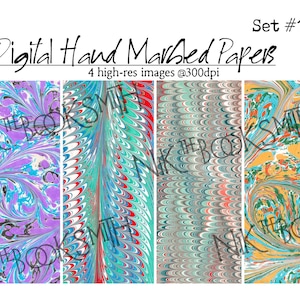 May include: Set of four digital marbled paper designs in blue, green, red, white, and yellow. The papers have a swirling, abstract pattern.  Set #10. 4 high-res images @300dpi