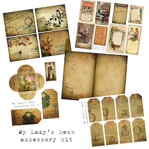 Digital Vintage Journal Accessory Kit - My Lady&#39;s Desk - Perfect for journals, cards, mixed media, scrapbooking (5 digital pages)