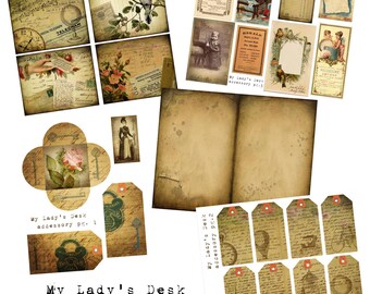Digital Vintage Journal Accessory Kit - My Lady's Desk - Perfect for journals, cards, mixed media, scrapbooking (5 digital pages)