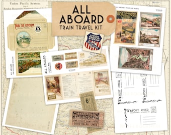 ALL ABOARD! - Vintage Train Travel Printable Kit - Antique Ephemera - souveneir envelope - post cards - tickets - ephemera