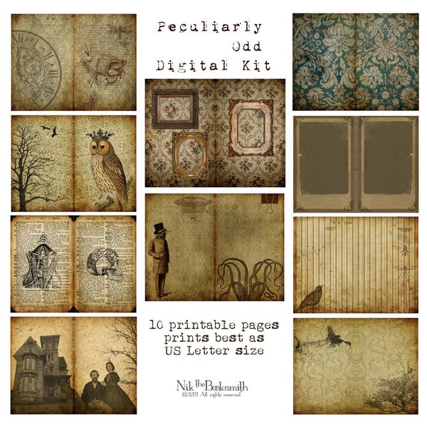 Zestaw stron do cyfrowego dziennika vintage - Peculiarly Odd - idealny do dzienników, kartek, mediów mieszanych, scrapbookingu (10 stron cyfrowych)