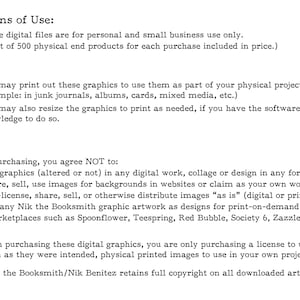 May include: Terms of Use document with black text on a cream background. The text outlines permitted and prohibited uses of digital files, including personal and small business use, with a limit of 500 physical end products. The document includes the text "YES!" and "NO!"