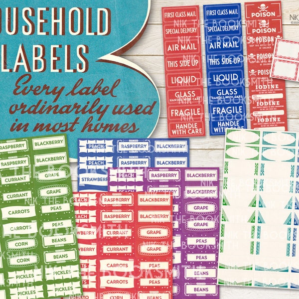 Retro Household Labels - 7 pages of printable labels - prints on US Letter and A4