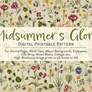 Midsummer's Glory - 見返し、和紙テープ、日記帳、ミックスメディア、ギフトラッピング、室内装飾用の印刷可能なパターン (画像 1 枚)