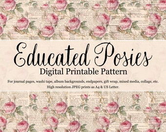 Educated Posies - Printable Pattern for endpapers, washi tape, journals, mixed media, gift wrap, home decor  (1 image)