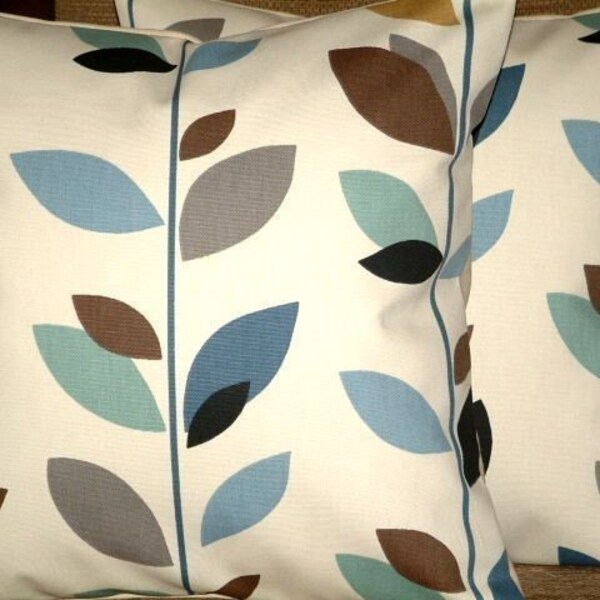 2 New 16" Teal Duck Egg Blue Brown Black Grey Cream Leaf Print Funky Designer Retro Pillow Cases,Cushion Covers,Throw Pillow,NEW FABRIC