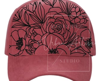 Plantilla para quemar gorra de béisbol, flores dibujadas a mano