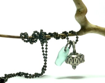 SEA GLASS Necklace Seaglass Drilled Glass Rock Antiqued 925 Sterling Silver Oxidized Ball Chain Charm STERLING