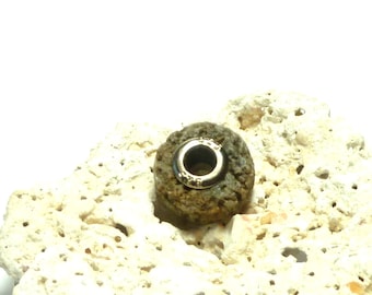 Beach Stone Crinoid Rustic Rivet Primitive Fossil Jewelry Indian Bead Talisman Charm Pandora Distressed Sterling Silver Riveted TROLL